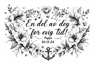 «En del av deg for evig tid!
Pappa 20.12.24» Surrounded by long gladiolus, hearts, notes and an anchor. tattoo idea
