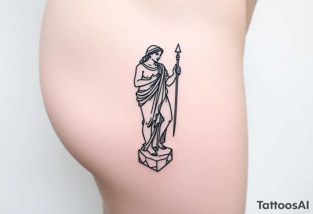 outer thigh tattoo greek sculpture female, fine line tattoo idea