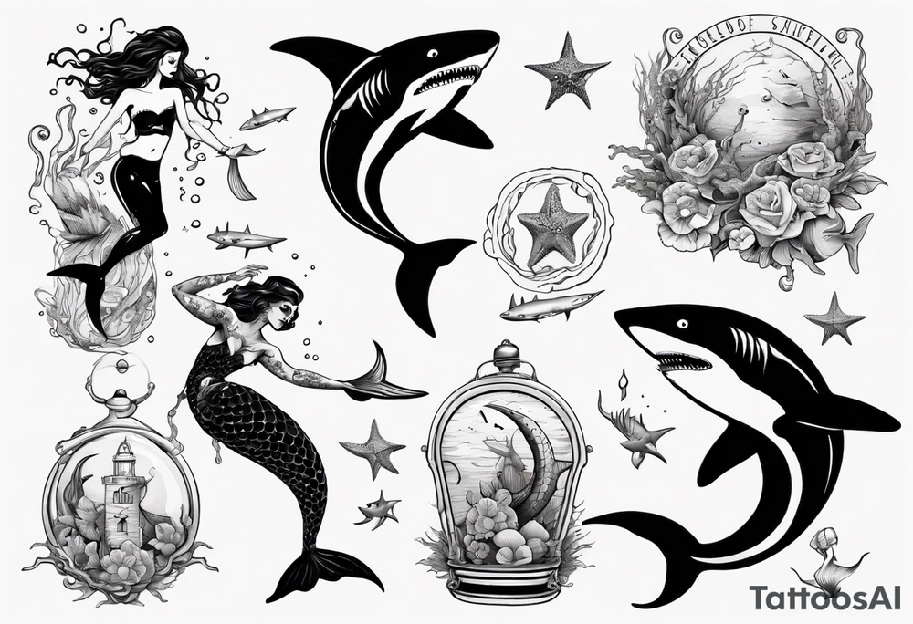 Mermaid and shark tattoo idea