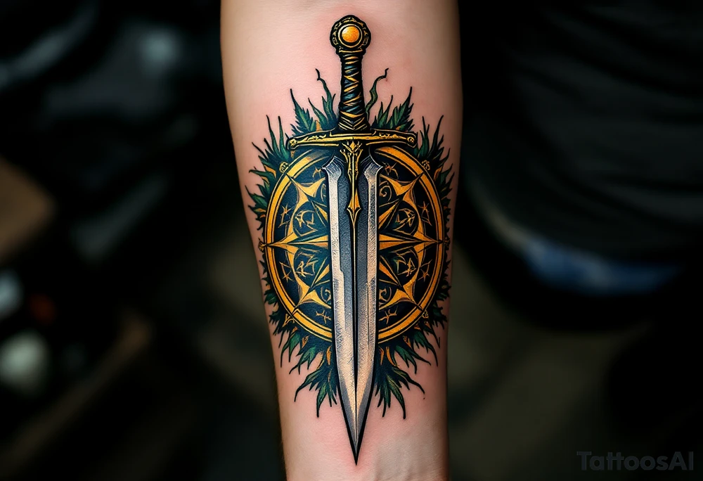 Compass and Dagger – A dagger piercing through a vintage compass, with the compass rose in gold and the dagger in silver with bold black lines for the details. The compass is surrounded by earthy browns and forest greens. tattoo idea