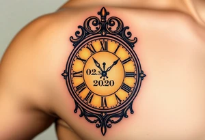 A timeless grandfather clock with delicate engravings, with the birth time and date "02. 03. 2020" glowing in soft golden light, in warm sepia and gold hues tattoo idea