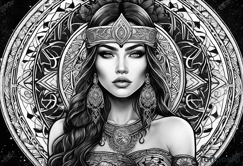 Viking, feminine warrior, mandala, bedroom eyes, headshot, princess, round emblem, moon goddess, Gaia tattoo idea