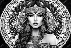 Viking, feminine warrior, mandala, bedroom eyes, headshot, princess, round emblem, moon goddess, Gaia tattoo idea