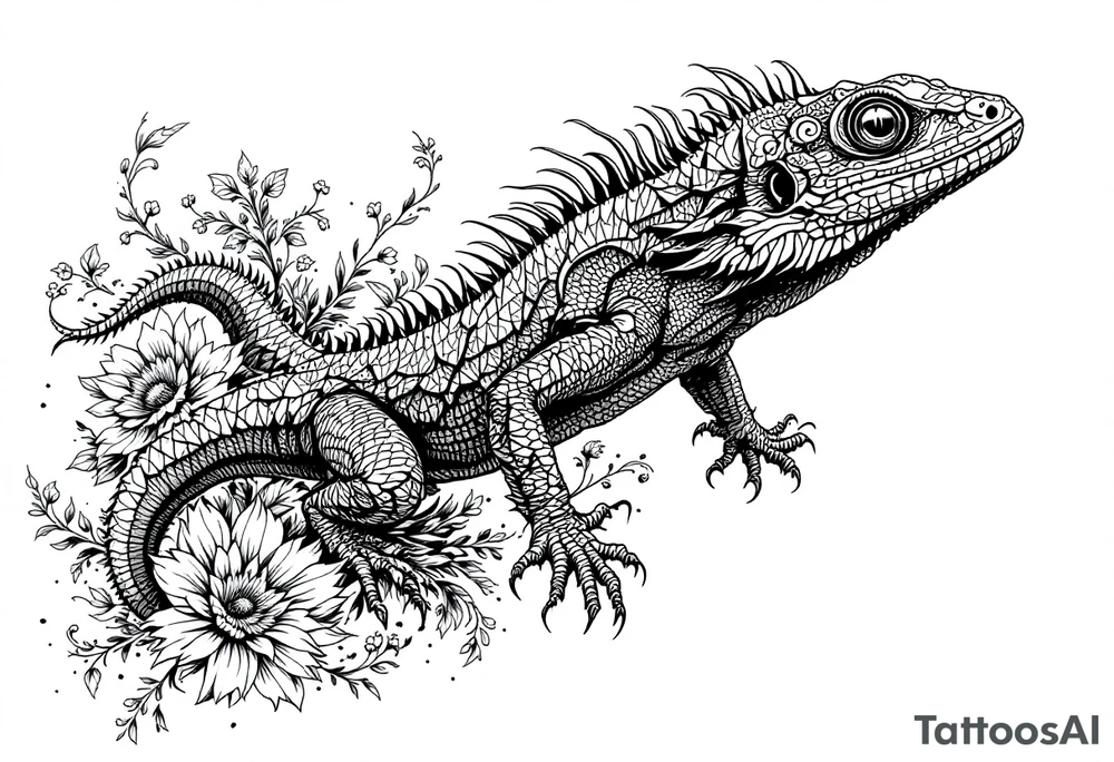 powerful majestic iguan, surrounded by floral ornaments tattoo idea