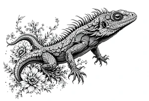 powerful majestic iguan, surrounded by floral ornaments tattoo idea