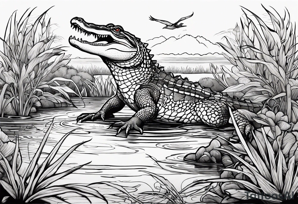 Scene live oak marsh birds alligator tattoo idea