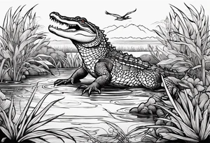Scene live oak marsh birds alligator tattoo idea