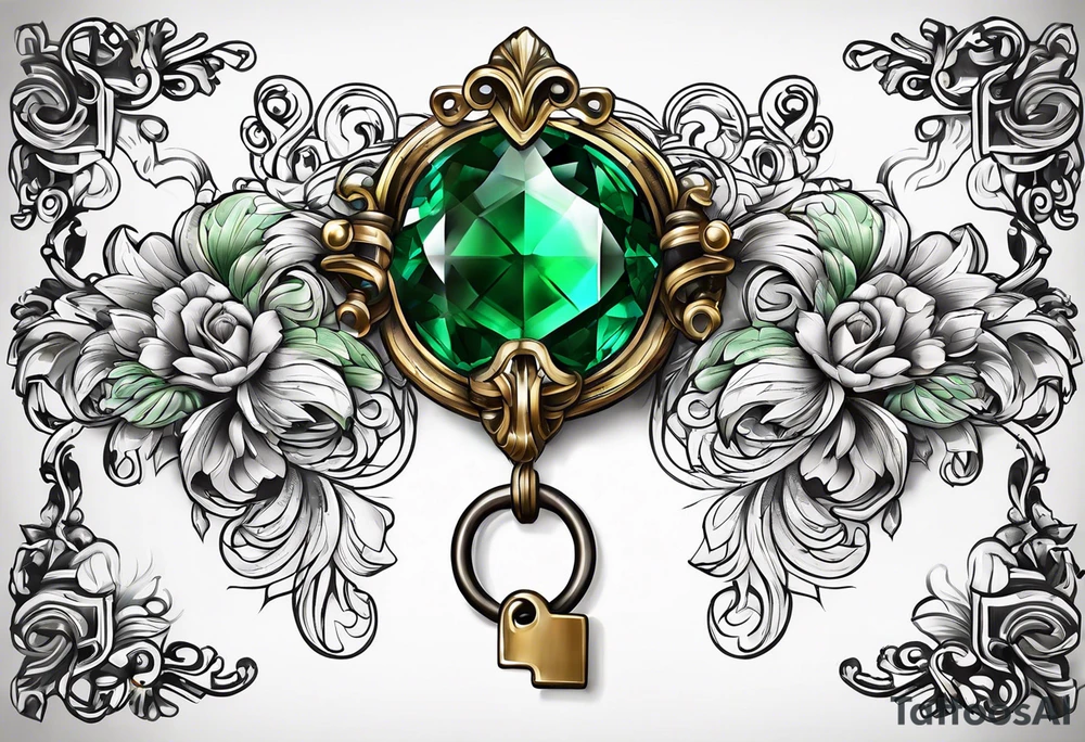 Lock and key with emerald stone tattoo idea