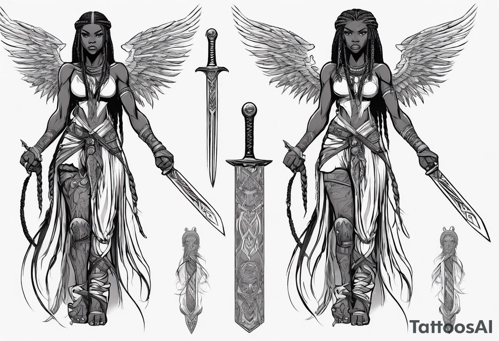 African female Viking valkyre angel full body 
slim long face small mouth long braided hair holding sword tattoo idea