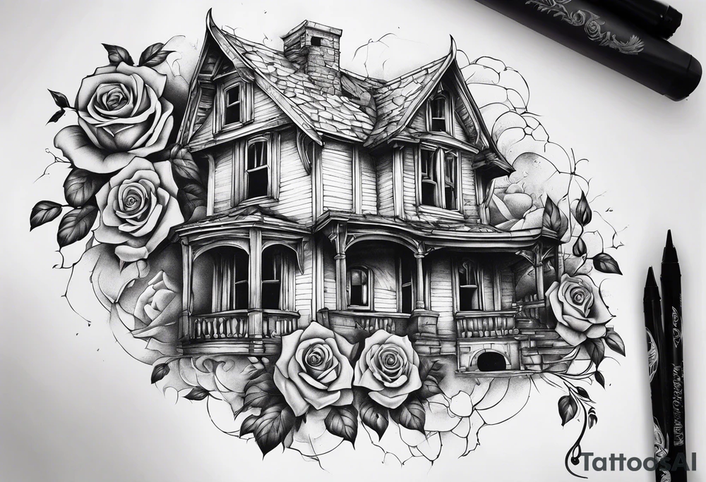 fool sleeve,, abandoned old gotic house, broken sword, roses, tattoo idea