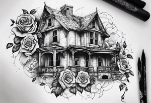 fool sleeve,, abandoned old gotic house, broken sword, roses, tattoo idea