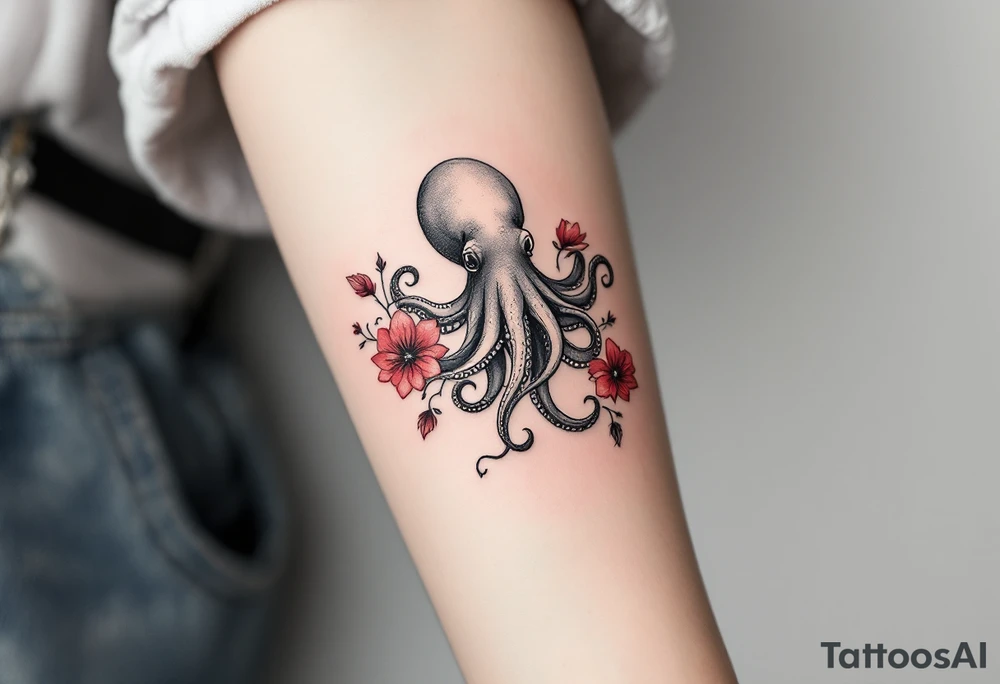 A small realistic black and grey tattoo of an octopus, cute, with detailed shading and soft linework, showing the octopus with swirling tentacles, on light skin. ornamental flowers around with red ink. The style is minimalistic and elegant, resembling fine-line tattoo with a shadow tattoo idea