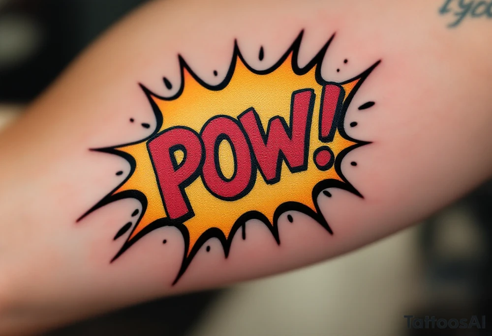 A comic-book style “POW!” bubble in red and yellow with “Díky tati!” inside. tattoo idea