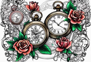 Two pocket watches linked together by a chain spelling "Lyv". Roses and lilies in the background tattoo idea