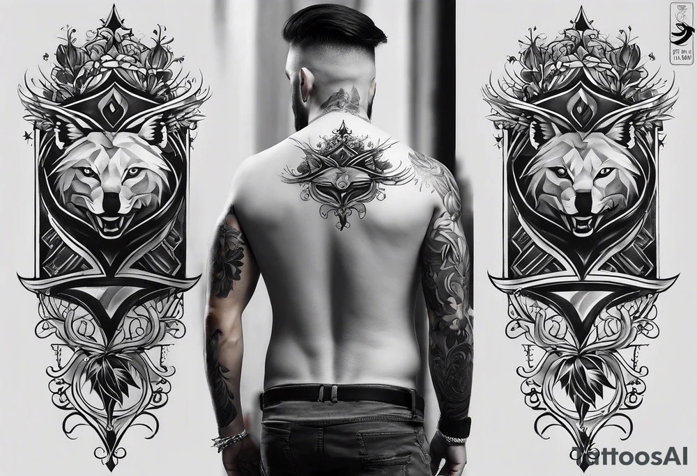 An aesthetic but unpretentious tattoo that is placed on the upper back of a male. It should represent catholic religion, discipline, pain and the love to animals. It should spread over the back of the shoulders. tattoo idea