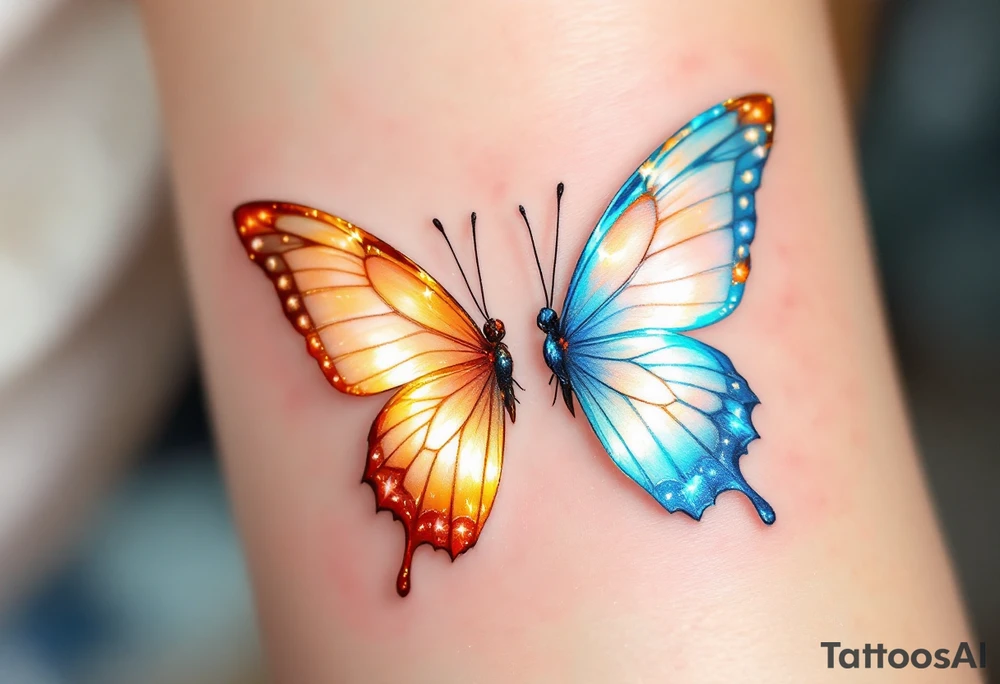 A set of delicate twin butterflies, one glowing with golden hues and the other shimmering in icy blue, symbolizing transformation and duality. tattoo idea