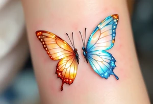 A set of delicate twin butterflies, one glowing with golden hues and the other shimmering in icy blue, symbolizing transformation and duality. tattoo idea