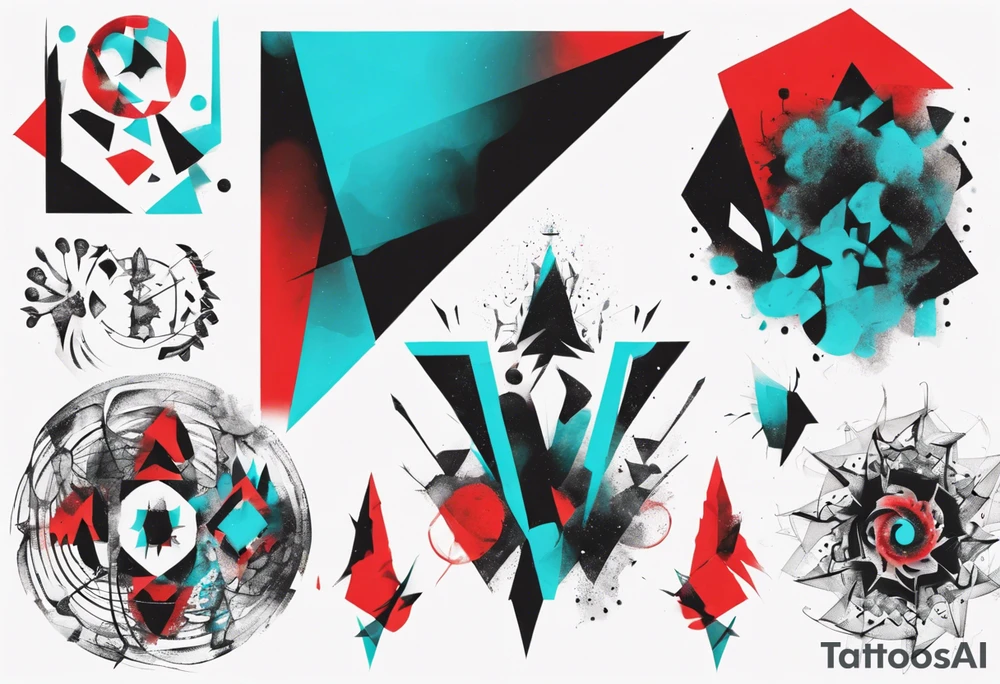 Modern and futuristic, protest, black, red and cyan, acquarel, abstract, geometric, fractal chaos tattoo idea