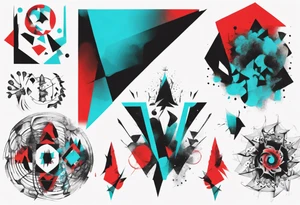 Modern and futuristic, protest, black, red and cyan, acquarel, abstract, geometric, fractal chaos tattoo idea