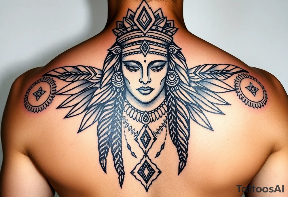 Purepecha princess surrounded by purepecha symbols with hidden tattoo idea
