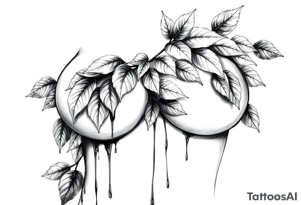 big breasts covered with leaves dripping with ink, tattoo idea