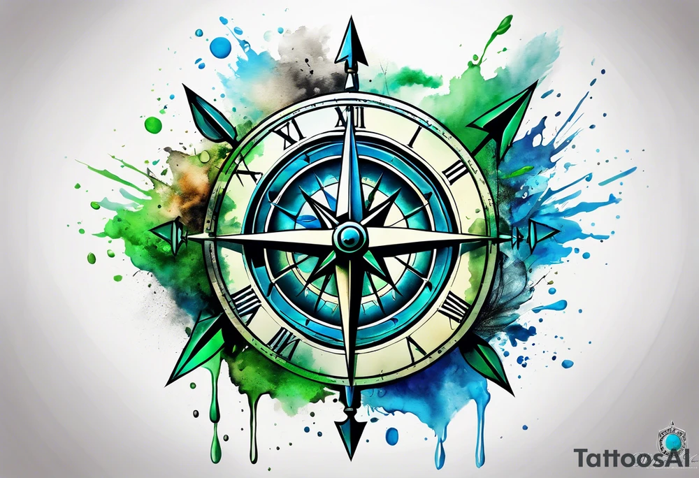 half compass half clock with arrow and splashes of blue and green to symbolize water and earth tattoo idea
