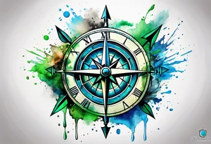 half compass half clock with arrow and splashes of blue and green to symbolize water and earth tattoo idea