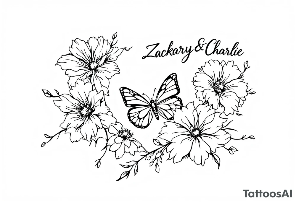 Flowers, heart and buttherfly with name Zackary and Charlie tattoo idea