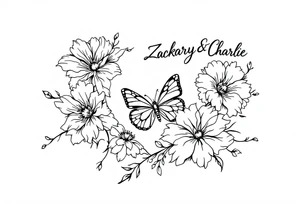 Flowers, heart and buttherfly with name Zackary and Charlie tattoo idea