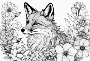 feminin minimalist flowers with little fox tattoo idea