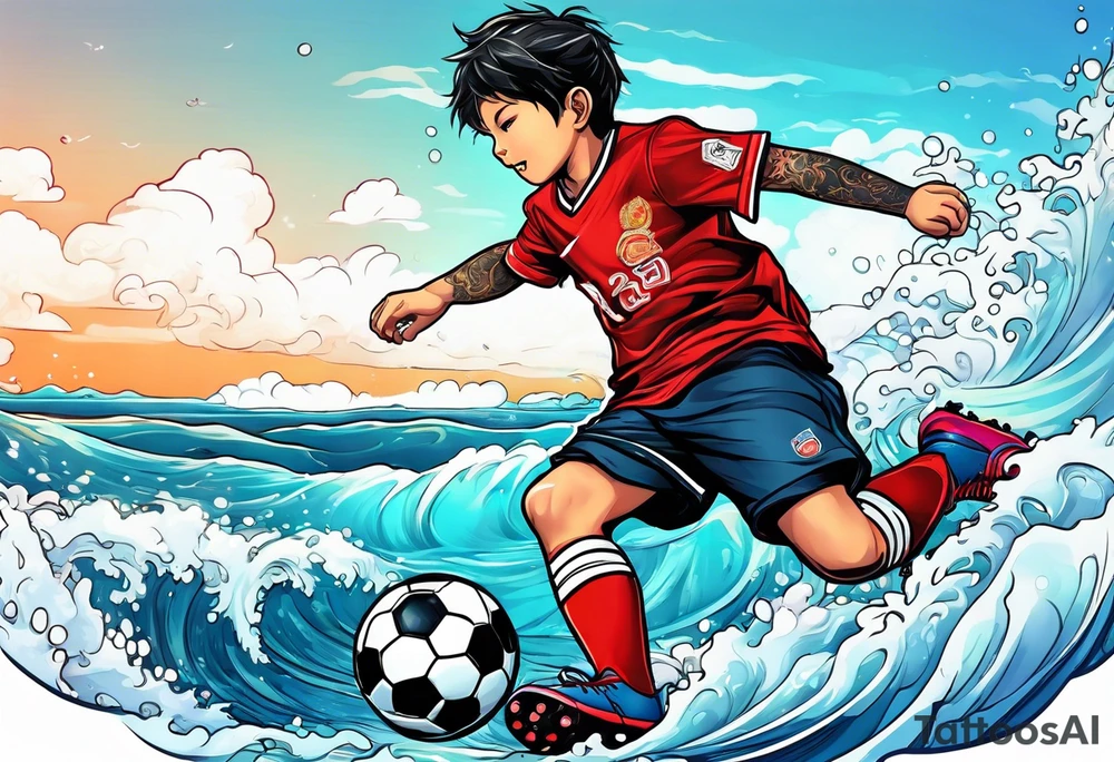 kid playing soccer in ocean tattoo idea