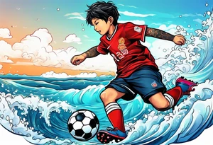 kid playing soccer in ocean tattoo idea
