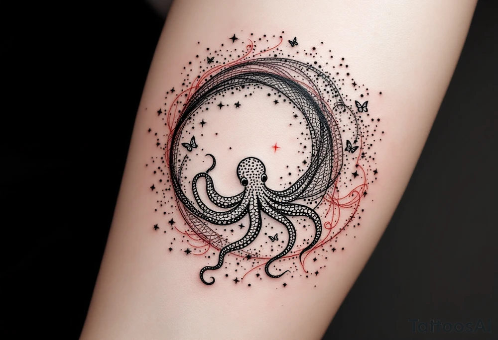 A minimalist dotwork tattoo design in the shape of a spiral galaxy. In the center, a small octopus is subtly integrated into the swirl, with flowing tentacles that extend along the spiral arms. The tentacles transform into elegant, curving lines resembling the flowing tails of koi or betta fish, partially in black ink and partially in fine red lines. Small stars are scattered throughout the galaxy shape, and two delicate butterflies hover near the edges. cosmic abstraction style, dotwork, fine line, with elements of Japanese graphic tattoo flow, minimalist octopus tattoo idea