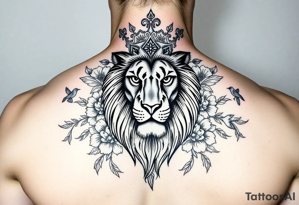 powerful majestic lion with a crown, surrounded by floral ornaments and birds tattoo idea