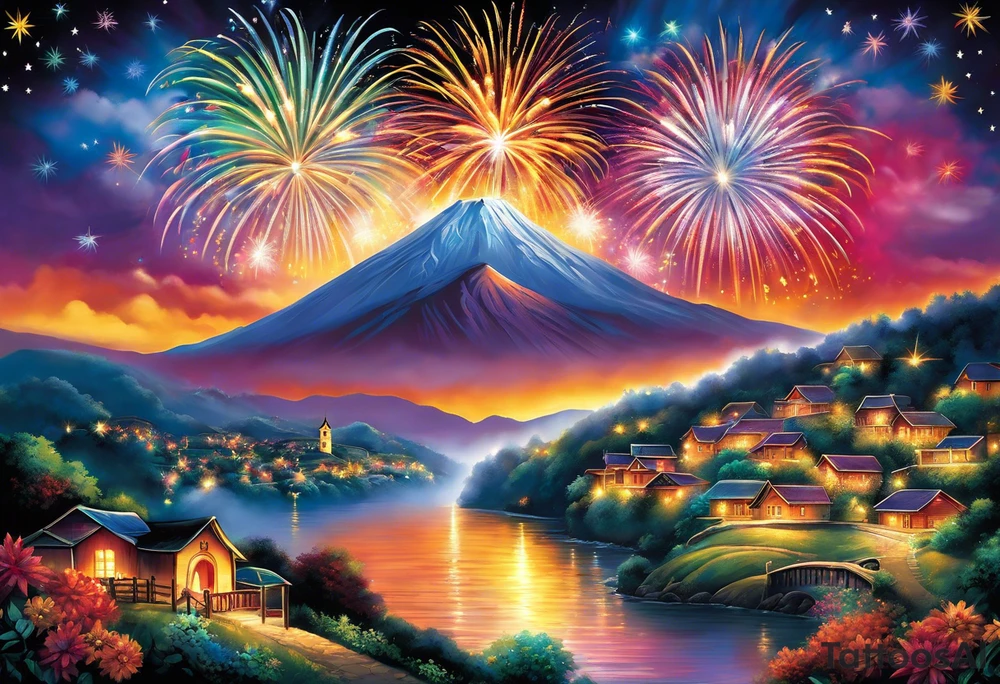 Fireworks burst across the night sky, surrounded by glowing candles and stars, capturing the magic and nostalgia of Colombian December nights. The scene is vibrant with multi-colored lights and an air of celebration. Soft linework mist or halos around the fireworks adds a magical, dreamy quality to the scene. The tattoo reflects joy and tradition, with an emphasis on warmth and festivity. tattoo idea
