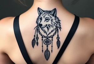 A wolf running through the woods, with dreamcatcher rings tattoo idea