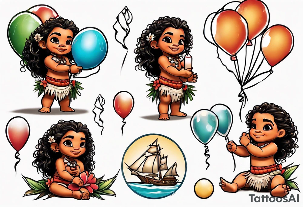 baby moana holding balloons tattoo idea