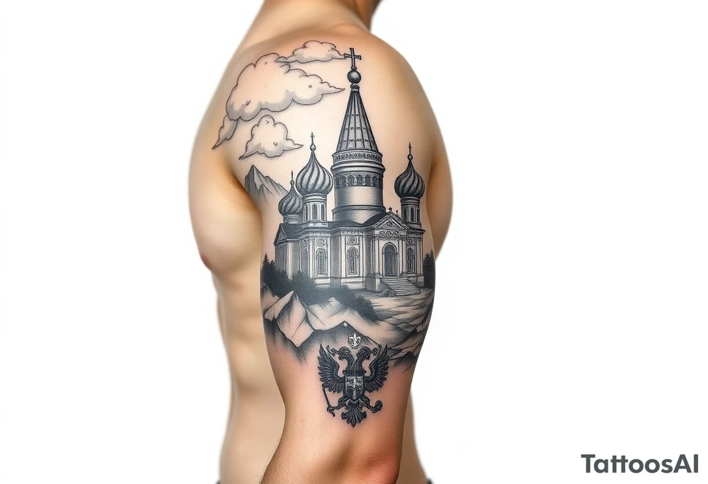 russian orthodox christian left arm tattoo with st basils cathederal in a mountainous setting with clouds with a russian coat of arms tattoo idea