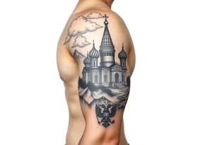 russian orthodox christian left arm tattoo with st basils cathederal in a mountainous setting with clouds with a russian coat of arms tattoo idea