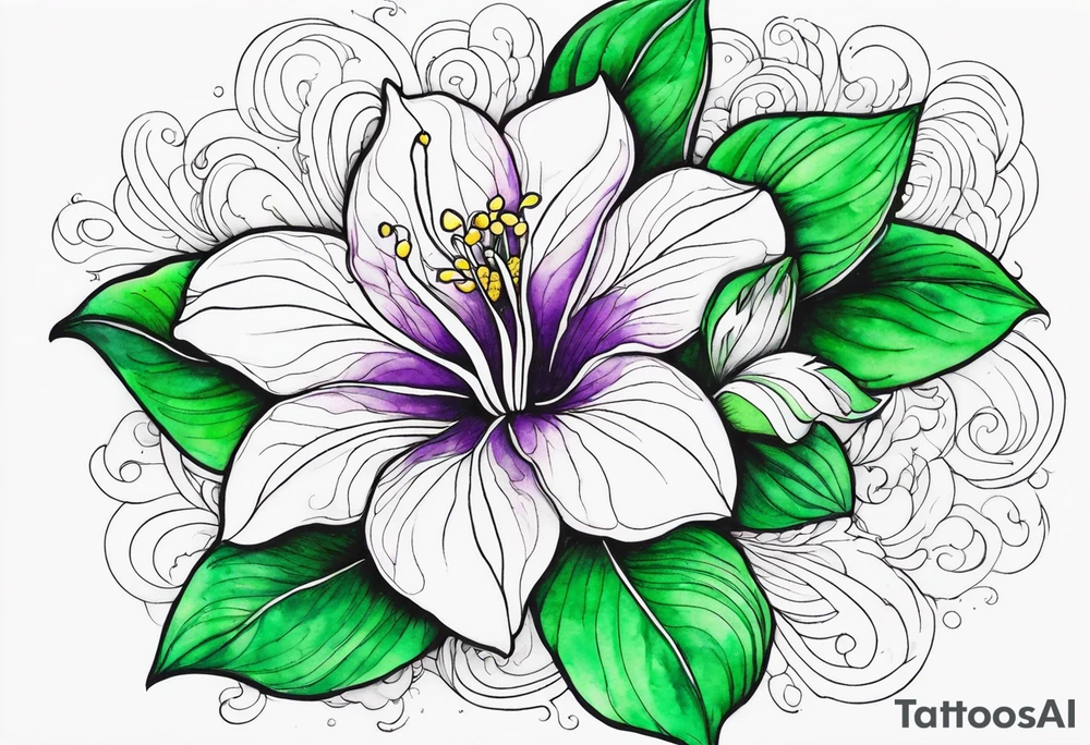 An outline of a rio dipladenia flower with green and purple watercolor behind it tattoo idea