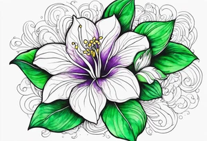 An outline of a rio dipladenia flower with green and purple watercolor behind it tattoo idea