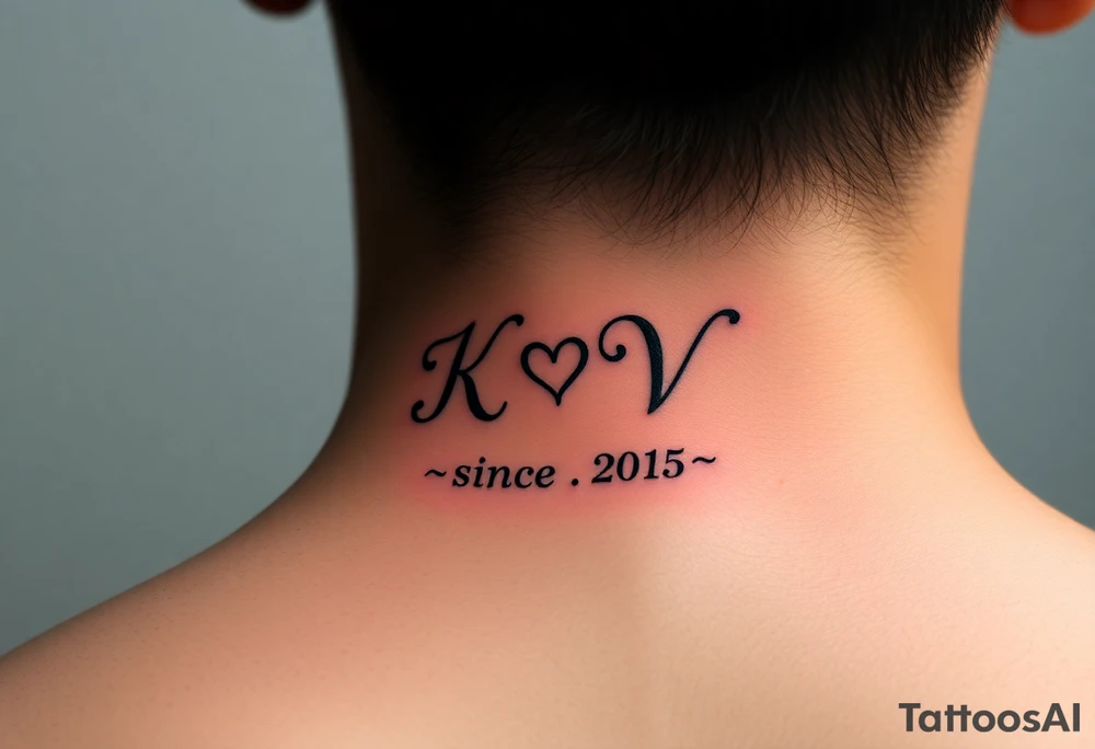 A beautiful calligraphic script of the couple’s initials (K and V), intertwined with a subtle heart-shaped flourish and wedding date (since 2015) tattoo idea