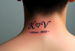 A beautiful calligraphic script of the couple’s initials (K and V), intertwined with a subtle heart-shaped flourish and wedding date (since 2015) tattoo idea