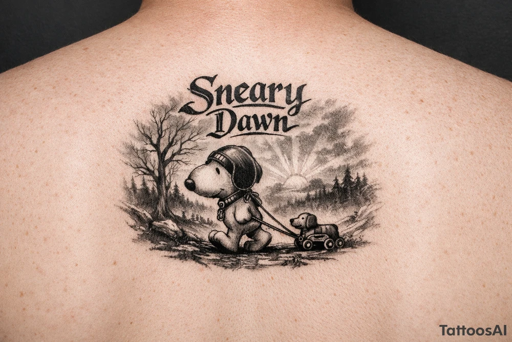 Little snoopy with saying Sneary Dawn tattoo idea