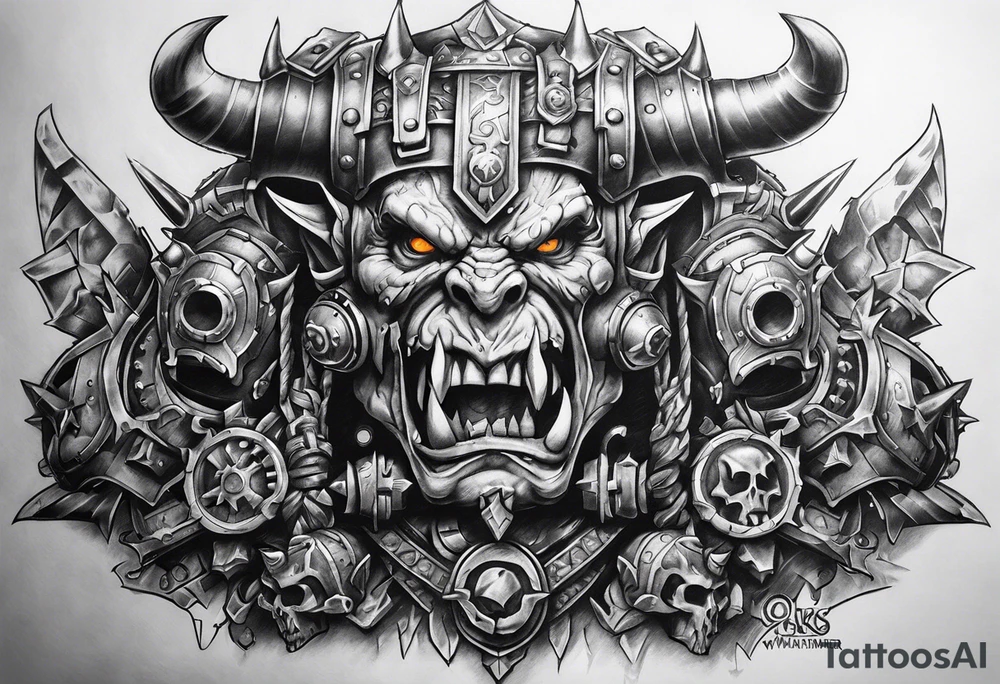Full sleeve Warhammer orks machine theme tattoo idea