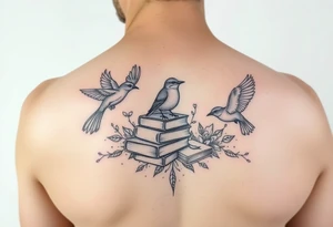 Minimalist fine line tattoo incorporating birds, nature, books, science tattoo idea