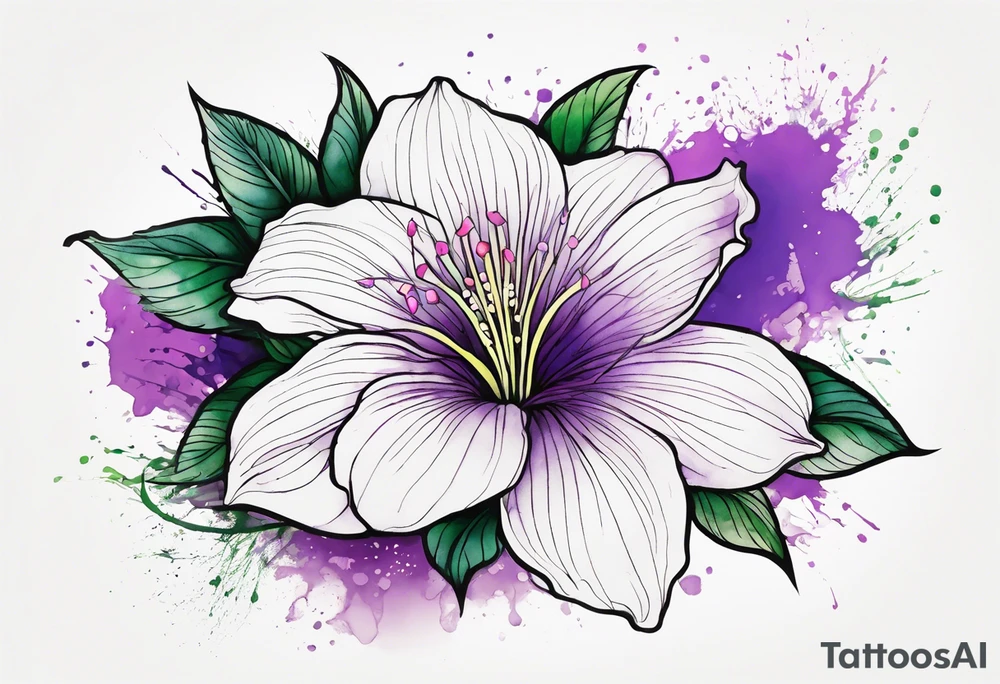 An outline of a rio dipladenia flower with a green/purple watercolor splash in the background tattoo idea