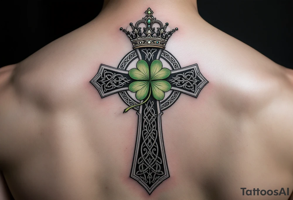 Masculine Celtic cross tattoo featuring intricate knotwork patterns along the arms and base of the cross. At the heart of the cross, place a vibrant four-leaf clover, its leaves shaded with subtle gradients of green, symbolizing luck and unity. Above the cross, incorporate a regal crown adorned with ornate details, such as small gemstones or filigree, to signify authority and strength. Behind the cross add more celtic knots and a celtic tree of life tattoo idea