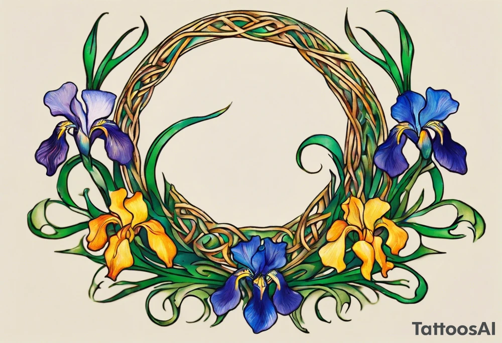 Create a small, colorful Vincent van Gogh Irises tattoo in the form of a crescent, with vines in Celtic knot style gracefully intertwining at a central point in the middle of the wreath. The intended placement is on the upper chest. The middle needs mountains. The overall design should be small in size while maintaining a delicate and artistic aesthetic. Pay attention to the graceful flow of the vines and the placement of the irises to achieve a refined and elegant look. tattoo idea