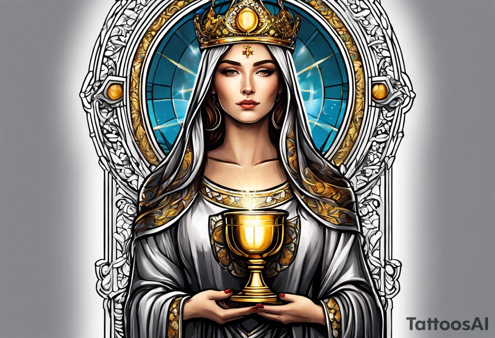 holy saint woman with golden halo holding a chalice tattoo idea